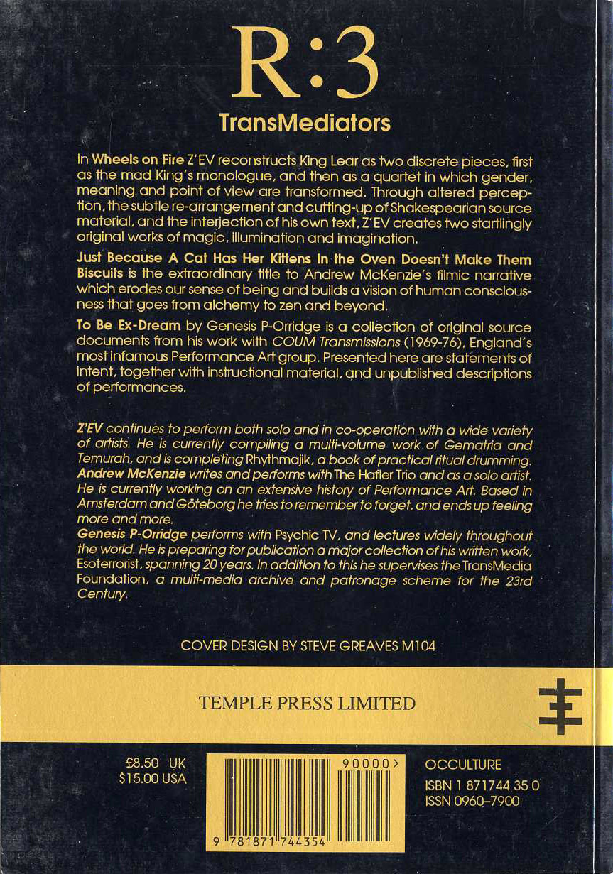 Steve Greaves - Ratio:3 Trans:Mediators - book cover design for Temple Press.
