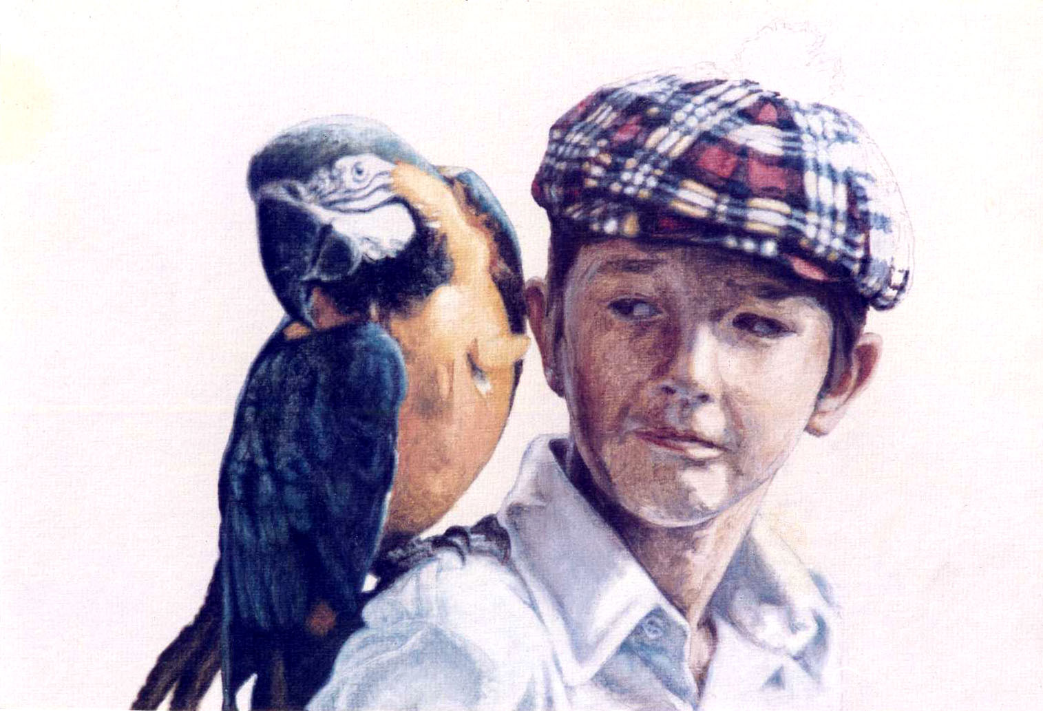 Steve Greaves - Rob with Macaw - photorealism portrait/bird oil painting