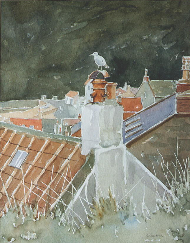 Steve Greaves - Gull on Chimney Pot  - watercolour landscape painting