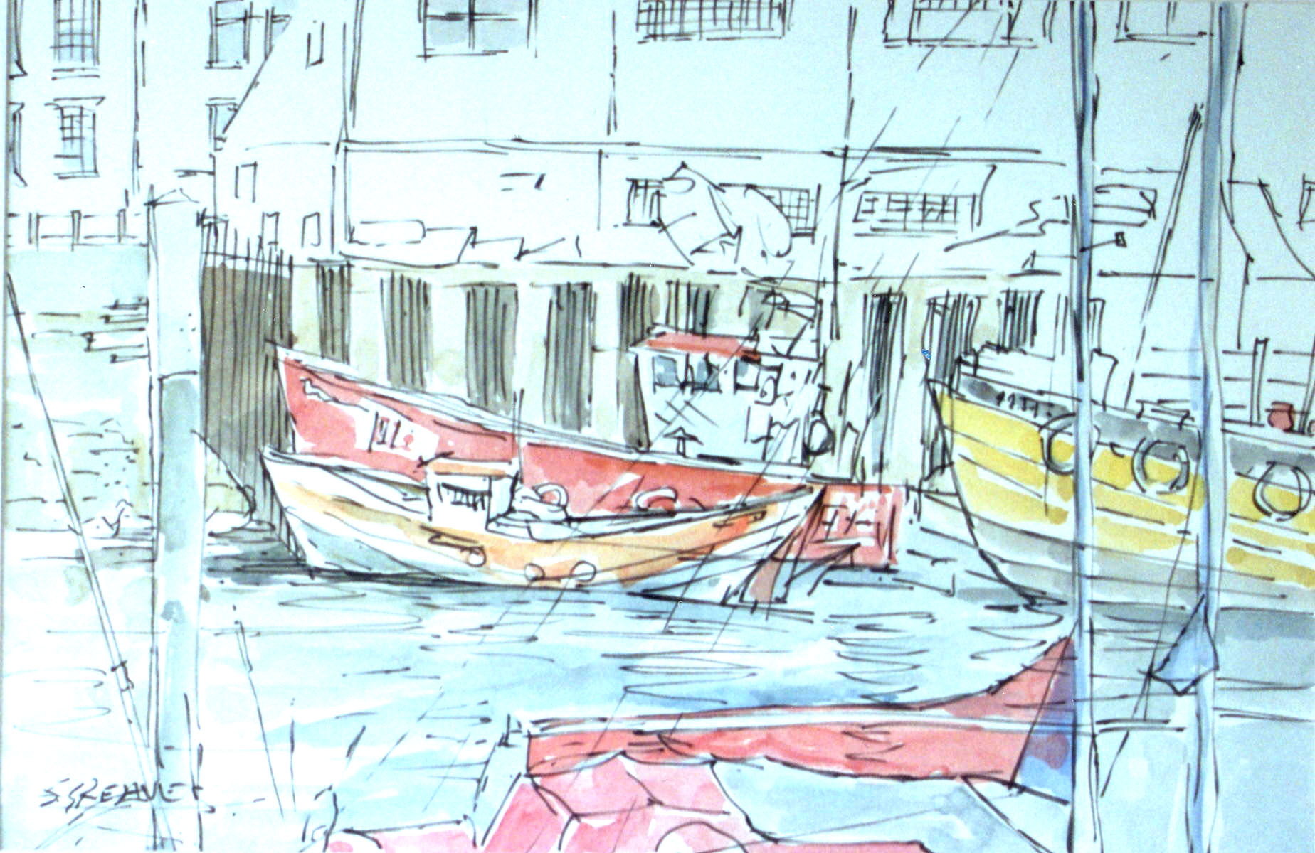 Steve Greaves -  Whitby Harbour - landscape marine painting in ink & watercolour